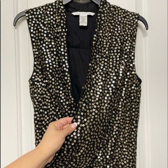 Diane von Furstenberg Black Gold Issie Sequin Mini Dress Size 4 - Picture 5 of 11